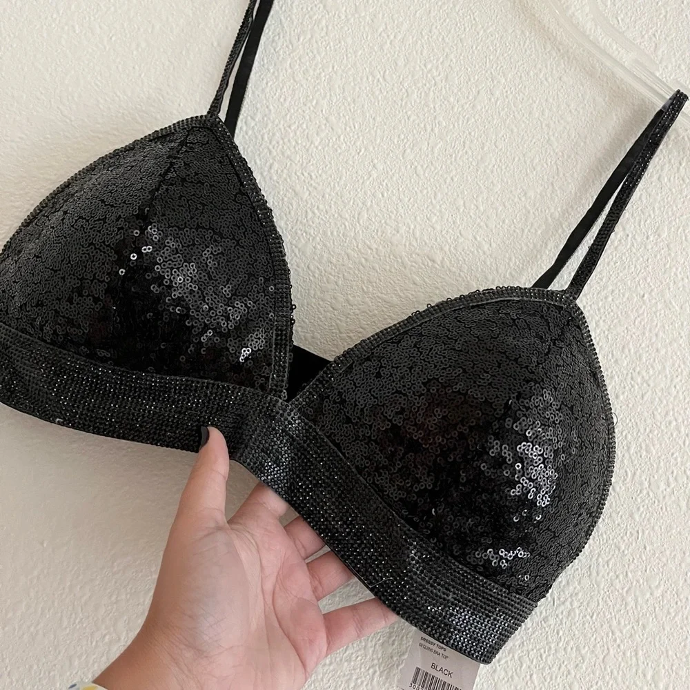 NWT Say What? Black Sequin Rhinestone Embellished Bralette Bra Top Size Medium